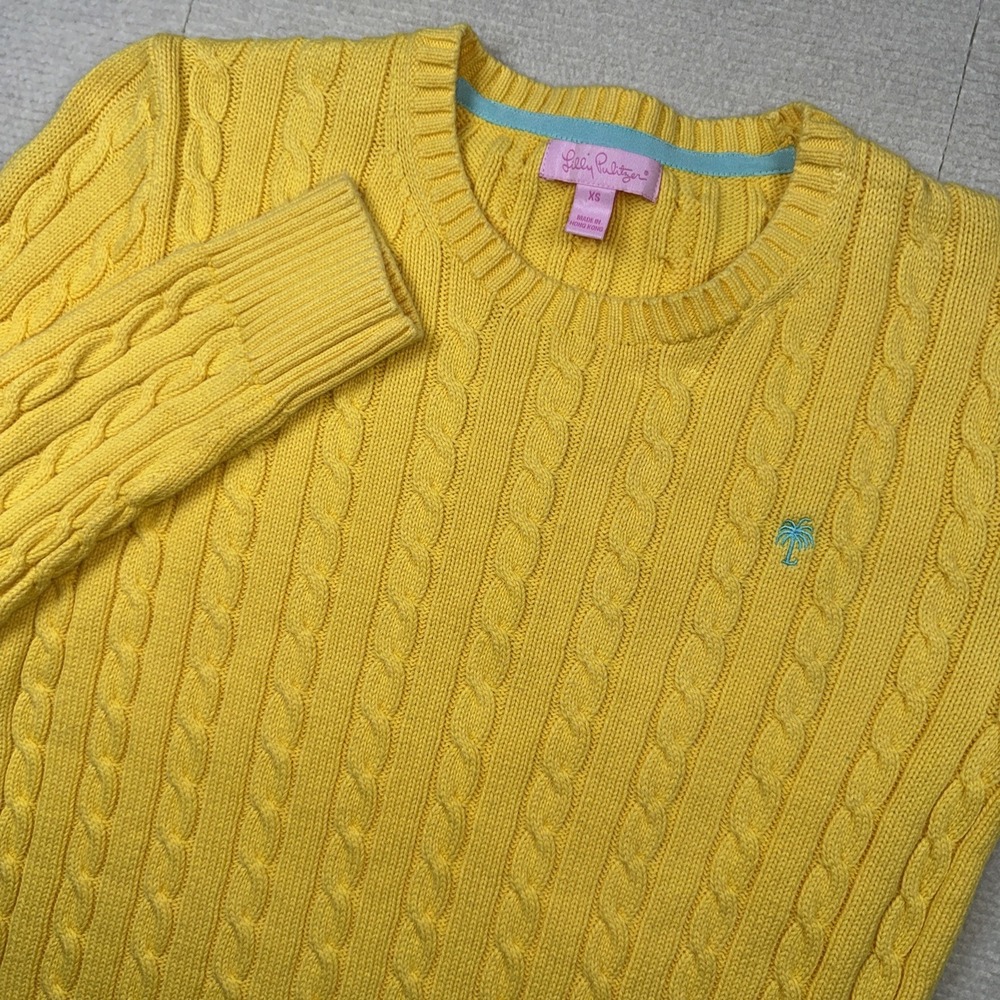 Lilly Pulitzer Sweater Womens XS Yellow Cable Knit Palm Tree Logo Crew Neck